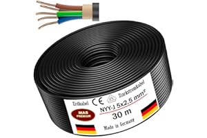 YIKKI Câble d'alimentation de terre NYY-J, de 5 à 100 m, 5 x 2,5 mm², câble électrique, anneau pour pose en extérieur, en sous-sol (30 m)