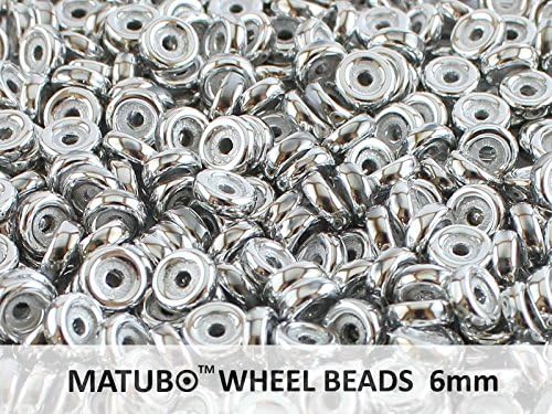 10gr (ab.80pcs) 6mm WHEEL MATUBO Czech Pressed Glass Beads, White Chalk Full Labrador (Silver Metallic)