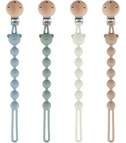 Lot De 4 Attaches Tétine En Silicone - Longueur 24 Cm, Clip En Bois De Hêtre - Sécurité Anti-chute, Sans BPA - Pour Sucette, Anneau De Dentition, Jouets