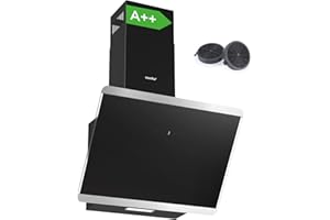 COMFEE' CH60J64ET4A2B A++ Dunstabzugshaube 60 cm, Kopffreihaube 60cm Umluft und Abluft, 380m³/h Luftstrom, Edelstahl/Glas Design mit Touchscreen, LED, Abzugshaube inkl. Kohlefilter, Schwarz