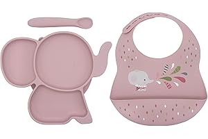 KOKO KIDS Silicone 3-Piece Feeding Set for Babies and Toddlers ~ Elephant Suction Plate, Spoon and Bib. (Rose)