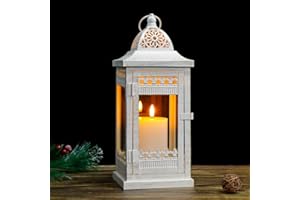 JHY DESIGN Dekoracyjne latarnie na świecę 36,8 cm wys. w stylu vintage, wisząca latarnia metalowa, świecznik do wnętrz i na zewnątrz, wydarzenia, przyjęcia, wesela, beżowy z złotym pędzlem