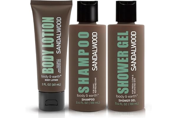BODY & EARTH Set Cadeau pour Hommes, Gel Douche Bois de Santal, 3 Pièces, Kit de Voyage avec Shampooing, Gel Douche et Lotion Corps, Cadeau Fête des Pères