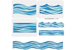 MAYJOYDIY Ocean Wave Stencils, 29.7x21cm, 3 Pieces Reusable Drawing Templates with Paint Brush for Furniture Canvas Home Decor DIY Crafts