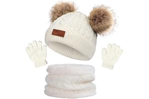 NLAND 3 in 1 Set de Bufanda Gorro Guantes Niña Niño Conjunto de Cálido Gorro de Punto Invierno con Pompon, Braga Cuello con Forro Polar y Guantes Termicos para Niña Niño 2-6 Años