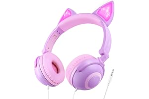 LOBKIN Auriculares para niños, Orejas de Gato con luz LED, Plegables, Ligeros, con Cable de Audio de 3,5 mm para Smartphone, Tablet, iPad, portátil, Ordenador, MP3/4