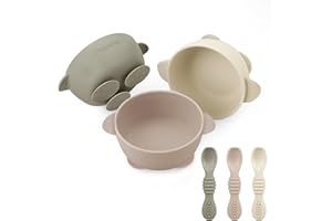 PandaEar 3 Pack Babysaugschalen &3 Babylöffel| Leckdichte Aufenthalts Silicon Food Bowl für Babys Kinder Kleinkinder Säuglinge | Lebensmittelqualität weiches BPA-freies Silikon (Leinen Braun Bräunen)