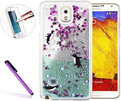 Note 4 Case,Galaxy Note 4 Case Cover,Hard Case for Galaxy Galaxy Note 4,NEWSTARS [Creative Design] [Flowing Liquid] Glitter Flowing Liquid Floating Moving Clear Hard Protective Case Cover for Samsung Galaxy Note 4 [+ 1Pcs Stylus Touch Pen+ 1Pcs Screen Protector].Silver Liquid-Three Penguins