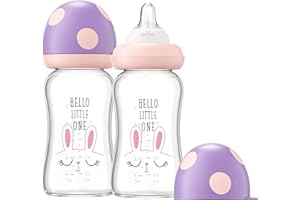 YOHKOH Natural Response Wide Mouth Glass Baby Bottle, Anti-Colic Baby Glass Bottles with Ultra Soft Silicone Teat, for Newborn Babies (Purple, 160 ml (Pack of 2))