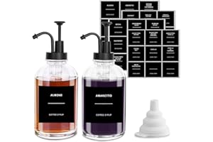 Sunal Kaffee Sirup Spender Glas Set,Schwarz 500ml/16,9 oz Sirup Spender,2er Pack Sirup Pump Spender Flasche,Honig Spender mit 36 wasserdichten Etiketten und Trichter&Pump für Küche Kaffee Bar Zubehör