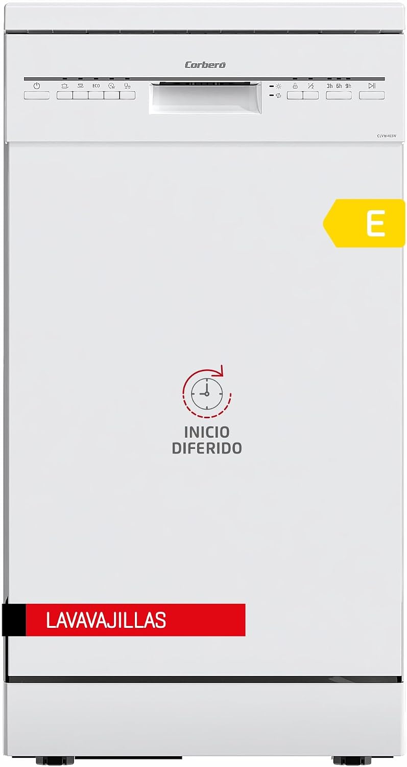Corberó - Lavavajillas Plus 45cm | CLVM403W | 10 Cubiertos 5 Programas con 4 Temperaturas, Indicadores LED, Color Blanco, Inicio Diferido, Función Inicio-Pausa, 49 Db, Eficiencia Energética E