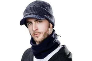 Comhats Zestaw zimowy z wełnianą czapką z daszkiem i polarowym szalikiem/ocieplaczem na szyję dla mężczyzn i kobiet – ciepła dzianinowa czapka z daszkiem