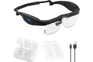 eSynic Gafas Lupa con 3 Luz LED Lupa de Gran Aumento 0.75X-4X USB Recargable con 5 Lentes Desmontables Lupa Manos Libre para Lectura, Pasatiempos, Manualidades, Trabajo Cercano, etc.