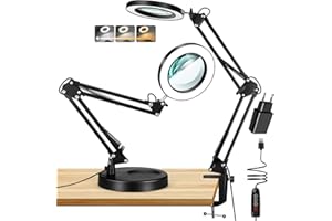 TOBEGIGA 12-fache Lupe mit Licht und Ständer, beleuchtete Lupenlampe aus echtem Glas, 5 Farbmodi und stufenlose Dimmbarkeit, freihändige Schreibtischlampe zum Lesen, Malen, Basteln und für Naharbeiten