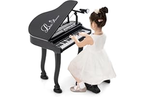 COSTWAY Kinder Keyboard mit 37 Tasten & Hocker, elektronische Klaviertastatur tragbar mit Mikrofon, LED-Lehrmodus, Aufnahme- & Wiedergabefunktion, Musikinstrument für Kinder ab 3 Jahre (Schwarz)