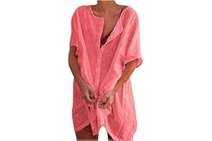 CHDIRNELY Women Beach Cover Up Cotton Linen Shirt Beachwear Botton-Down Swimsuit Coverup Bikinis Sarong Loose Blouse Tops Ladies Summer Dress Plus Size