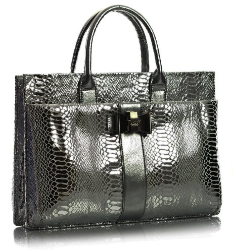 Big Handbag Shop Womens Mock Snakeskin Faux Leather Briefcase Bag (Grey)