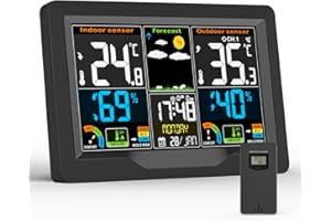 WAWORIO Wetterstation Funk mit Außensensor, Multifunktionale Funkwetterstation Digital Thermometer Hygrometer für Außen Innen Gewächshaus Haus Büro mit Wettervorhersage, DCF Funkuhr