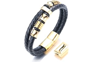 HALUKAKAH Bambini ● Assolo Junior ● Bracciale Ragazzo Maschio in Vera Pelle Cuoio Nero 6-12 Anni Perle in Argento/Oro Titanio Acciaio Chiusura Magnetica 7-8"(18-19.5cm) con Pacco Regalo Gratuita