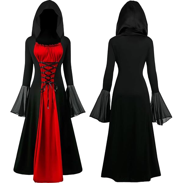 Gotisches Hexenkleid Mittelalter-Langarmkleid – Mit Schnürung, Trompetenärmeln, In Weinrot, Größe S
