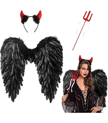 Teufel Kostüm Set 7-teilig - Rote Engelsflügel Mit Teufelshörner, Dreizack, Tüllrock Für Damen Karneval, Fasching Und Mottoparty