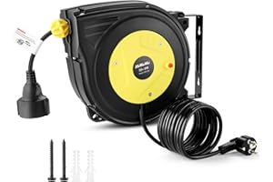 Himimi Automatische Kabeltrommel 13 M, 1250W ~ 2000W Kabelaufroller, 10m + 3 meter Stromtrommel Kabelroller, Verlängerungskabel außen Wandmontage, Überlastschutz, Wand und Deckenmontage, 180° drehbar