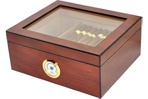 Eitida Zigarren Humidor Case für 25–50 Zigarren, gehärtetes Glas, handgefertigt, spanisches Zedernholz, Aufbewahrungsbox mit Trennwand, Luftbefeuchter und Hygrometer, Sapeli-Kirsche
