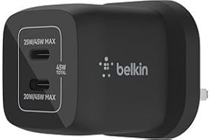 Belkin 45W Dual USB Type C Wall Charger, Fast Charging Power Delivery 3.0 with GaN Technology, USB C Charger for iPhone 17, iPhone Air, iPad Pro, MacBook, Samsung Galaxy S25, Pixel And More - Black
