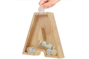 Wooden Letter Piggy Bank,Ompinda Personalized Wood Alphabet Letter Bank Money Box(Custom Name) Unbreakable Transparent Coin Piggy Bank Birthday Gift for Kids (A)