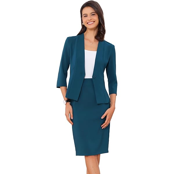 Allegra K Vrouwen 2 Stuk Pak Rok Set Business Casual Lange Mouw Blazer en Kokerrok, Kaki, M