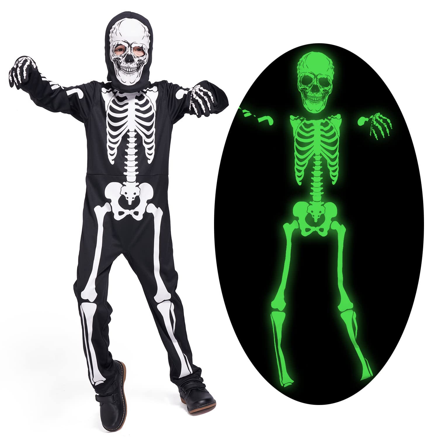 Sincere Party Costume da scheletro per bambini Costumi di Halloween da scheletro che si illuminano al buio per ragazzi e ragazze