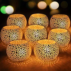 TIED RIBBONS Set of 8 Star Mosaic Glass Votives Tealight Candle Holders for Side or Center Table Dining Prayer Room Lighting Home Christmas Decoration