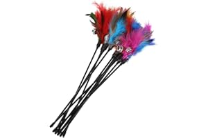 Junerain, 5 giocattoli colorati con piume artificiali, campana interattiva a bastone corta, bacchetta for cacciatori di gatti (28 cm)