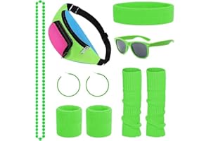 Dazzroi 80s Fancy Dress Costumes, 1980s Retro Sport Accessories Sets with Bumbag Headband Wristbands Leg Warmers Eyeglasses Earrings Necklace, Neon Outfit for Women 80s Party, Dress up Party