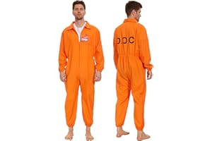 WELLCHY Costume da Prigioniero, Costume da Detenuto Arancione da Uomo, Tuta Carcerato con Etichetta e Manette, Prisoner Costume per Carnevale Halloween Dress Up Party Cosplay