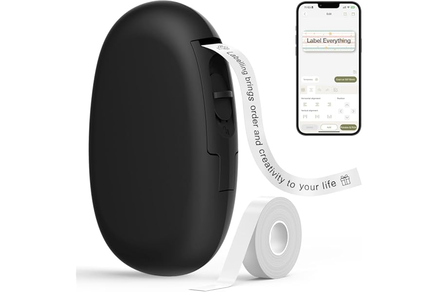 SUPVAN E10 Mini Bluetooth Label Maker Machine with Tape, Continuous Waterproof Label, Versatile App with 30+ Fonts and 660+ Icons, Inkless Labeler for Home, Kitchen, School, Office Organization, Black