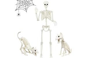 FTUREERA Halloween Skelett, 165 cm Halloween Bewegliches Skelett mit 2 Stück Katzen-Skeletten, Lebensgroß Realistische Menschliche Skeleton für Hallo-ween Outdoor Party Spukhaus Dekoration