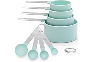 Strehknewen Messlöffel Set 8-teilig – Messbecher und Messlöffel aus Kunststoff und Edelstahl in Lebensmittelqualität mit 4 Measuring Cups und 4 Löffeln – Präzises Messwerkzeug für Backen und Kochen