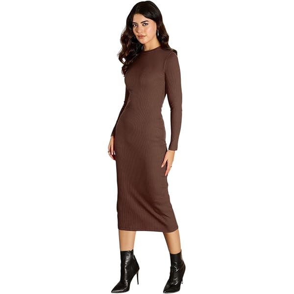 Buy SASSAFRAS Women's Dark Brown Rib Bodycon Full Sleeves Midi Dress-XXL at  Amazon.in