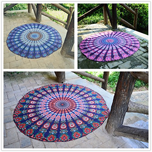 Yiuswoy Boho Strand Decke,Rund Mandala Strandtuch,Gypsy Tischdecke,Gross Wandteppich Indisch,Wandteppich Yoga Matte,Hippie Picknickdecke Mit Die Pfauenfeder Muster – Blau - 6