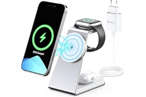 AOWIN 3 in 1 Wireless Charger,15W Mag-Safe Ladegerät Ladestation Apple Watch und iPhone Fast Kabelloses Ladegerät für iPhone 14 13 12 Pro Max, Apple Watch Ultra/8/7/6/Se/5/4/3/2 und Airpods
