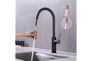 HOMELODY Bateria kuchenna, czarna, wysuwana armatura kuchenna, obracana o 360°, kran kuchenny, wysuwana, bateria mieszakowa z 2 trybami, armatura kuchenna, czarna, armatura kuchenna, wysokie ciśnienie z wylewką łukową