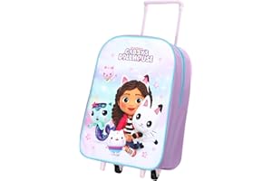 TOP LINEN (NW) LTD Top Linen Kids Travel Trolley Backpack - Wheeled Suitcase Rucksack Bag - Children Favourite Characters Foldable Carry-on Luggage Carrier Bag - Standard Gabby's Dollhouse Trolley Bag