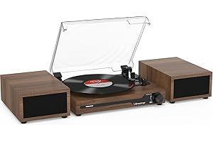 Udreamer Record Player with 2 Dual Stereo Speakers, Vintage Turntable Bluetooth 5.3 Supports 3 Speed, AUX-in, RCA Line, USB, Wireless Playback, Coffee
