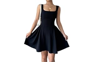 GORGLITTER Black Dress for Women A Line Sleeveless Swing Flared Square Neck Dress Ruffle Mini Tank Sundress, XS-XXL