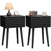 YMYNY Nightstand, Set of 2, Mid-Century Modern Channeled Sofa Side Table, Pull Out Drawer, Solid Wood Legs, for Bedroom, Livi