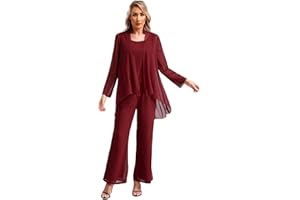 Linjinx Femme Ensemble 3 Pièces Pantalons Costume de Soirée Cocktail Bal Mariage Cérémonie Mousseline Boléro Cardigan Manches Longues Débardeur Tenue Chic Outfits Suit