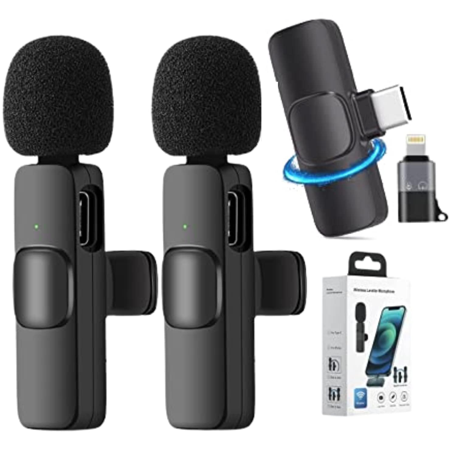 Ae Zone Dual Wireless Microphone for USB-C Phone/iPhone Wireless Mic for Youtubers Facebook Live Stream for Recording Vlog (2 Microphone+ 1 Receiver) (Compatible with USB-C/iPhone)