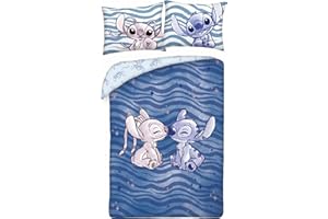 HALANTEX Juego de cama Stich Besa Angel – de Disney Lilo y Stitch – Funda nórdica reversible 140 x 200 cm y funda de almohada 70 x 90 cm – Multicolor – 100% algodón
