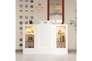 ‎PREMTURE Empfangstisch mit Tastaturschublade und 2 Schränken，Empfangstheke mit 3 farbigen Lichtleisten，Empfangstheke mit Glasvitrinen，Rezeptionstisch，Rezeptionstheke, Empfangstresen, 150 x 52 x 100 cm, weiß